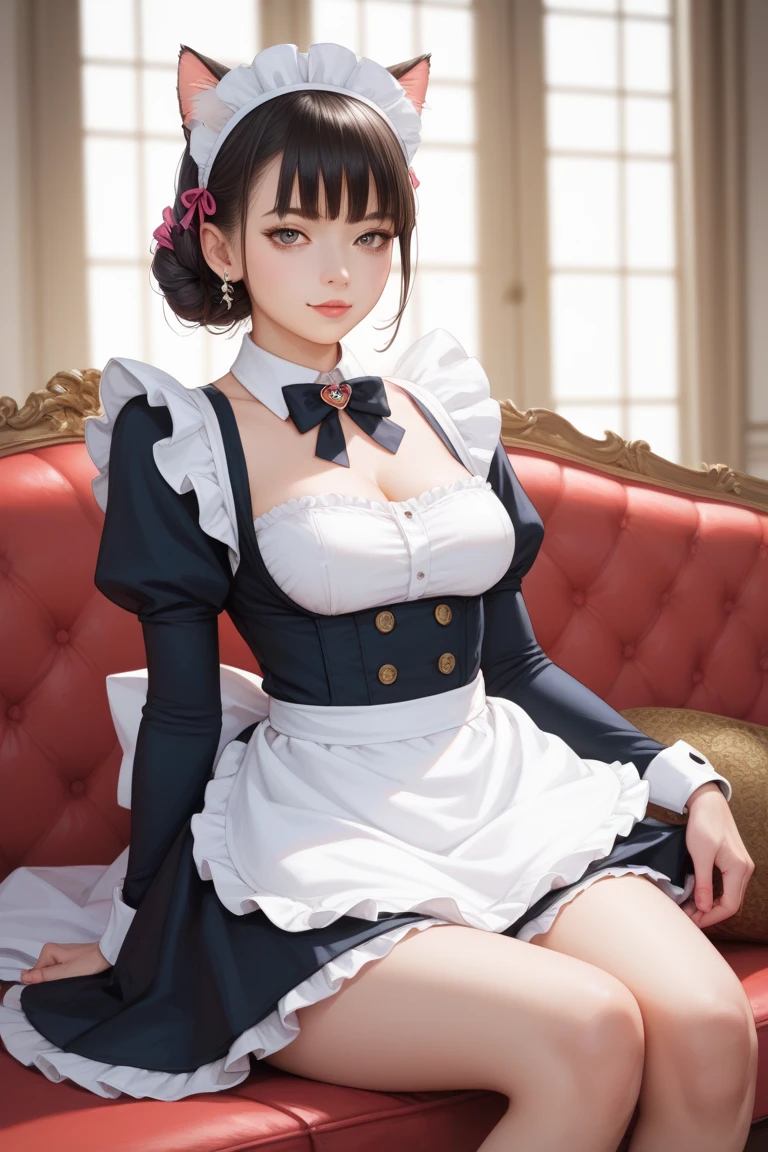 The image features a young woman in a provocative maid costume. She has short, grayish-brown hair with bangs and is wearing a maid headband. Her outfit includes a low-cut, ruffled dress that exposes a significant amount of cleavage, with matching thigh-high stockings that have lace trim. The woman is on her hands and knees on a light blue sheet, looking directly at the camera with a serious expression. There is some thick milky on her face and chest, giving a suggestive impression. The background includes a dimly lit indoor setting with various industrial elements. The overall scene is highly stylized and erotic.