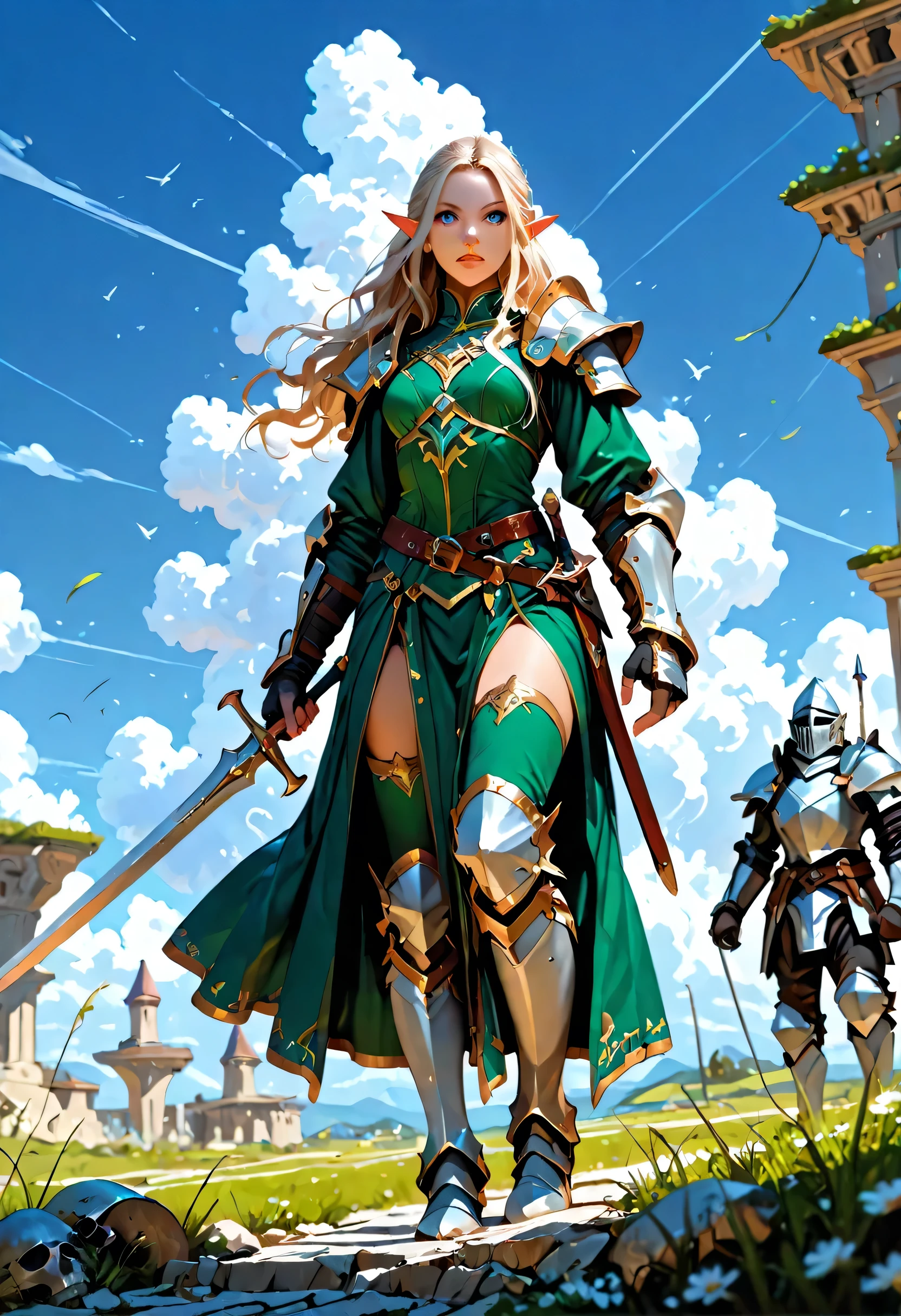wallpaper of an elf knight, elf warrior, princess knight, shinning knight, ready for battle, female elf (intense details, Masterpiece, best quality), full body ultra detailed face, ultra feminine, fair skin, exquisite beauty, gold hair, long hair, wavy hair, small pointed ears, dynamic eyes color, wearing heavy mech armor, shinning metal, armed with elven sword, green meadows, blue skies background and some clouds, depth of field, high details, best quality, 16k, [ultra detailed], masterpiece, best quality, (extremely detailed), photorealistic, , fantasy art, dnd art, rpg art, realistic art, a wide angle, (intricate details, Masterpiece, best quality), full body (intricate details, Masterpiece, best quality), high details, best quality, fantasy, glowing, ember
