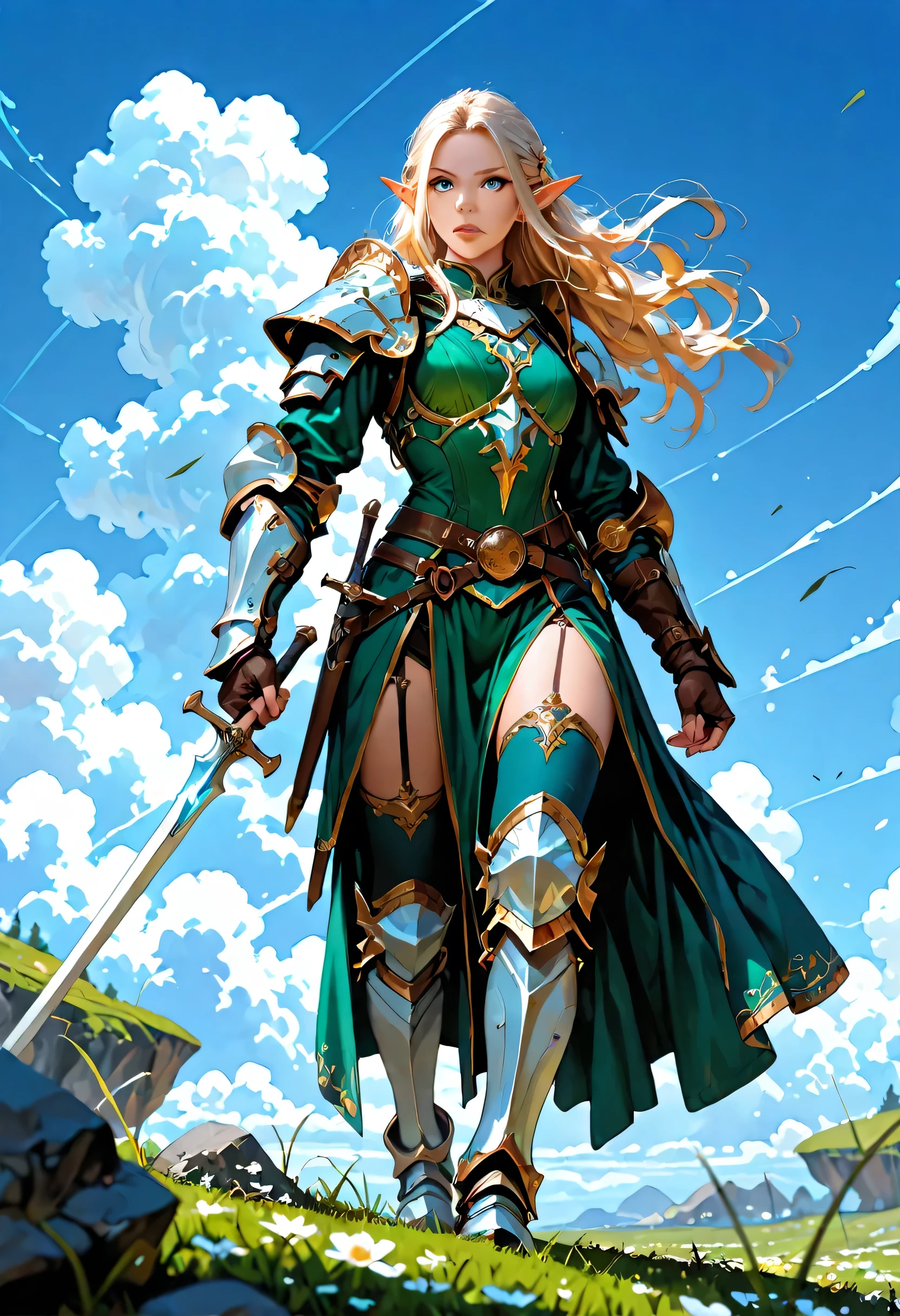 wallpaper of an elf knight, elf warrior, princess knight, shinning knight, ready for battle, female elf (intense details, Masterpiece, best quality), full body ultra detailed face, ultra feminine, fair skin, exquisite beauty, gold hair, long hair, wavy hair, small pointed ears, dynamic eyes color, wearing heavy mech armor, shinning metal, armed with elven sword, green meadows, blue skies background and some clouds, depth of field, high details, best quality, 16k, [ultra detailed], masterpiece, best quality, (extremely detailed), photorealistic, , fantasy art, dnd art, rpg art, realistic art, a wide angle, (intricate details, Masterpiece, best quality), full body (intricate details, Masterpiece, best quality), high details, best quality, fantasy, glowing, ember