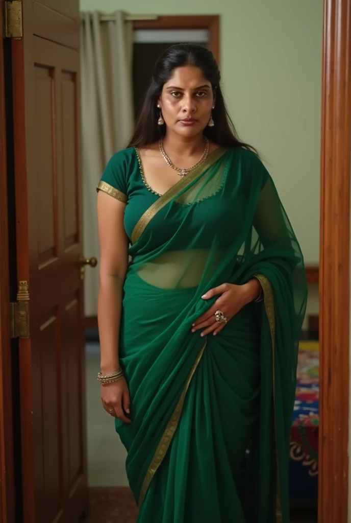 (photorealism:1.2), beautiful fat indian woman, warring plan dark green saree with black simple on bed, wearing loose off-shoulder top, pajama pants, long curly hair, indoors, soft lighting, plants in background, window showing boobs
