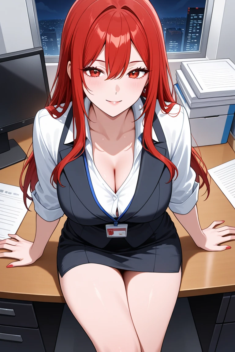 1girl, alone, Itsuki nakano pov(from above),((High Resolutions)), (Masterpiece), high quality, Best quality, gorgeous, perfect lighting, Detailed face, Ultra cute face, Cute, Cowboy shot, Itsuki Nakano,((1girl) ), ((only)), medium fluffy hair, red hair, hair ornament, star decoration, blue eyes, (blush), embarrassed, seductive, nervous, modern office, sitting in front of viewer, sitting at desk, legs crossed, large breasts, medium waist, (wide hips), thick thighs, glasses on face, formal white shirt, long sleeve shirt, cleavage, black pants, tight pants, looking at viewer, cute pose, arms behind the back , Standing, excellent hands, excellent anatomy