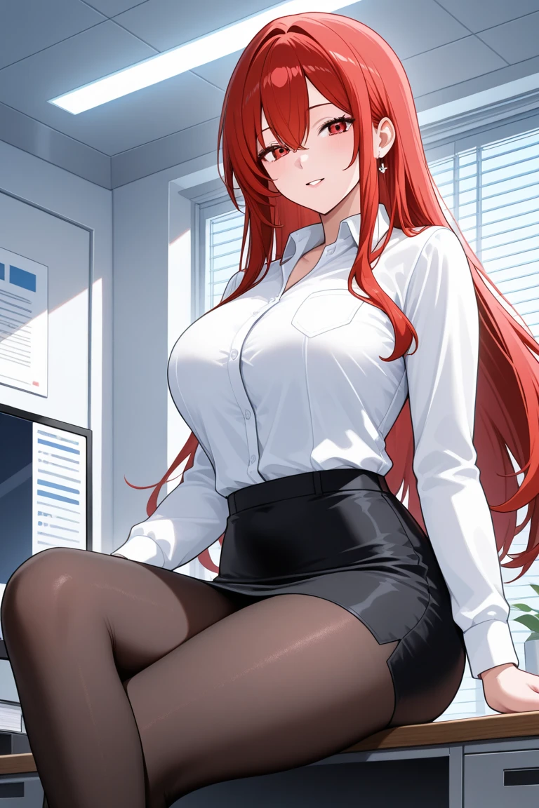 ((highres)), (Masterpiece), high quality, best quality, beautiful, perfect lighting, detailed face, ultra cute face, cute, cowboy shot ((1girl)), ((solo)), short fluffy, red hair, blue eyes, freckles, (blush), shy, nervous, modern office, standing in front of viewer, small breasts, perky breasts, (wide hips), thick thighs, formal white shirt, black pants, looking at viewer, cute pose, arms behind back, standing,