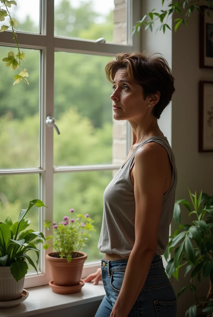 Yolande, at the age of 60, stands by a window, lost in thought, a butterfly fluttering around her. The turquoise hue of her t-shirt complements the outside world, and a phosphorescent glow effect adds depth to the scene, emitting a gentle teal luminescence that feels both dreamy and refreshing. The butterfly, with its delicate wings, seems to be drawn to Yolande, creating a magical moment. It's a moment of reflection, with Yolande's contemplative mood and the butterfly's gentle presence setting the tone.