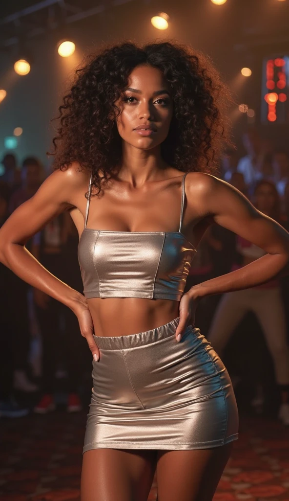 (style of Neil Blevins:1.2), (full length photo of woman standing in futuristic city one hand resting on her hip:1.5), (perfect face, photoshoot, studio lighting, couture:1.1), (pale, 24 years old, medium covered breasts, cleavage, skinny waist, slender athletic figure, young European woman, futuristic fashionista:1.3), (Oval-shaped face, luminous complexion, almond-shaped glowing aqua eyes, thin high arched eyebrows, small upturned nose, thin supple lips:1.3), (backlit curly messy medium white hair:1.3), Galactic Fabric skin leather bodysuit with neon magenta accents that highlight her silhouette, (Crystal Encrusted leggings:1.3), futuristic cityscape at twilight, sky of deep purples and blues, Gigantic glossy skyscrapers, holographic advertisements, long exposure light trails, shiny asphalt, delicate metallic choker, silver hoop earrings, volumetric lighting,