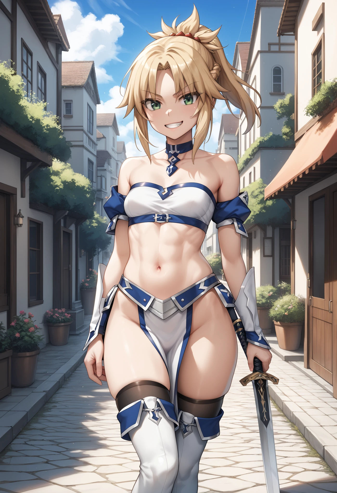 best quality, masterpiece,    1girl  intricate detail, (full body), detailed face,  looking at viewer, detailed hairstyle,     <lora:violet_evergarden_v1:1> violet evergarden, braid, hair ribbon, red ribbon,  (mechanical hands:1.1) crop top, underboob (nsfw:1.1) bike shorts (stockings:1.3) <lora:add_detail:1>