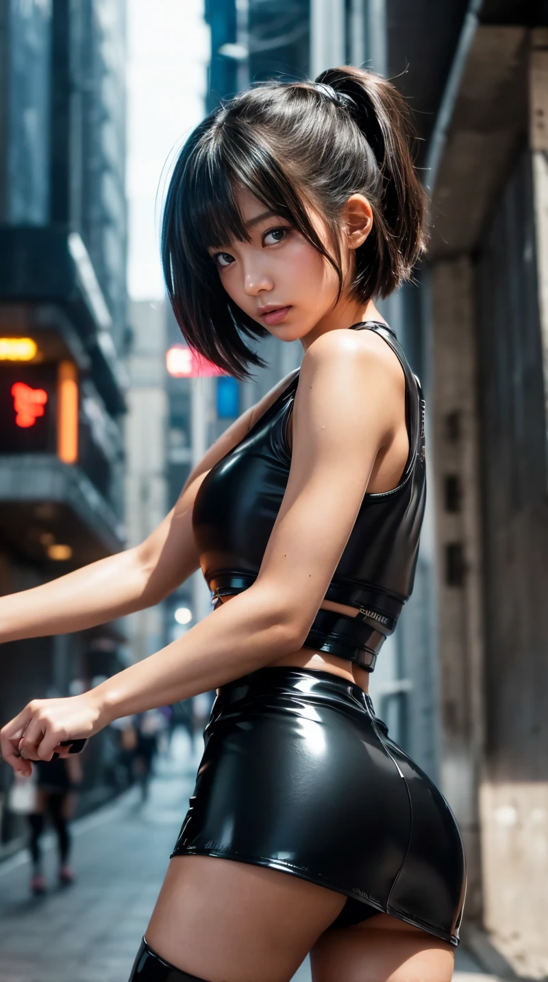 It's dark night, (Tamara Taylor), short straight black hair, hairstyle Bib, A woman stands in the dark against a wall, It's night and raining heavily. The lonely street lamp provides little light, your white clothes are completely soaked, ((camera position behind the woman from below)), ((The small round butt can be seen under the miniskirt)), (round breasts), (small head), (masterpiece:1.2) (photorealistic:1.2) (best quality) (intricate details) (8K) (high poly) (ray tracing), (sharp focus), (natural skin textures)