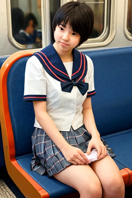 Beautiful and cute 17 year old Japanese girl, slender body shape, ponytail, long hair, bangs, (thin thighs), express smile and embarrassment, ((show nipples)), huge breasts, ((Unbutton all the buttons on the front of your blouse, for school uniforms)),on the train