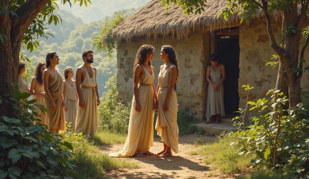 a group of 10 young humble semi-nude girls aged 30 cultivating vines in the fields of Crete, Neolithic era, real-life photograph, beautiful Minoan architecture, photorealistic, 8k, hyperdetailed, natural lighting, golden hour, lush greenery, intricate stone buildings, rustic, organic textures, warm color palette, dramatic shadows, cinematic composition