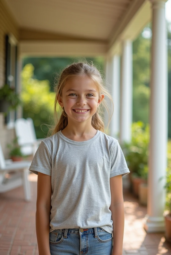 girl with medium length brown hair, children's pigtails hair, Caucasian facial structure, a beautiful smile on her face and a deep look, she wearing a button down shirt, bare shoulders, visible breast, she in a garden, full body view