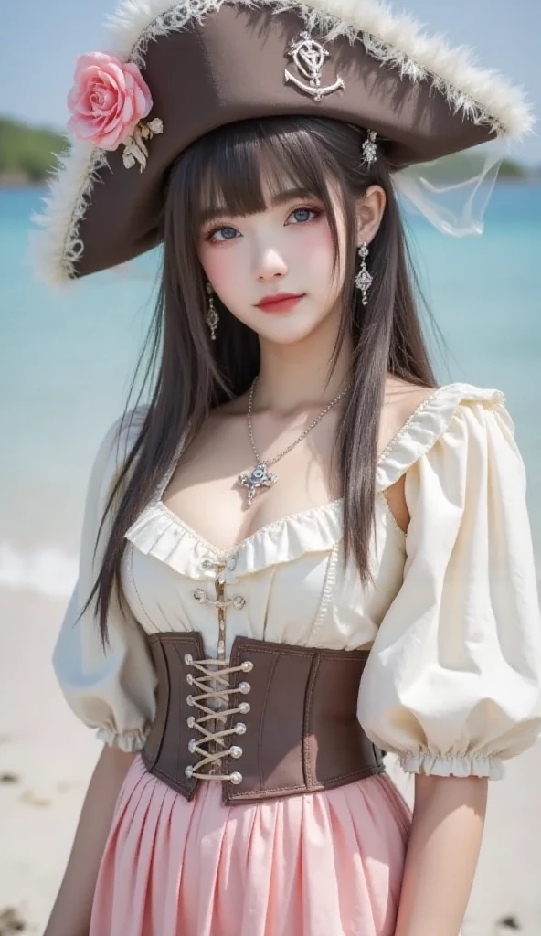 absurdres, RAW photo, extremely delicate and beautiful, masterpiece, Best Quality, ultra high resolution, 32k, hyperrealistic, ultra-detailed, delicate facial features, beautiful detailed woman, tearful mole, earring, medium breasts, ((full body shot)), medium hair, black hair, pirate captain, intricate pirate clothing,