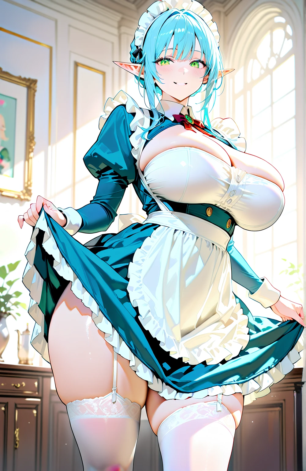 (big boobs, tall, mommy, short white hair with blue highlight, dress:1.1), (best quality,8k,highres,masterpiece:1.2), on a date, looking at viewer, thicc , showing cleavage, tight white shirt, translucent shirt, boob angle, looking at viewer, blue sparkling eyes