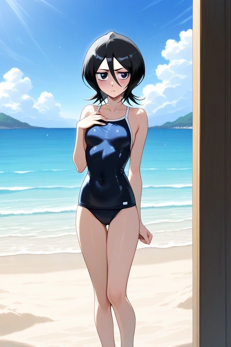 1 girl, alone, komi shuuko, short hair, dark purple hair, parted on the left side of the head, dark purple eyes, smiling, seductive, makeup, light pink lipstick, sexy body, bikini purple, purple bra, purple thong, big breasts, medium waist, medium hips, medium thighs, round butt, beach, sea, sunny, clouds, standing, looking at viewer, from behind, pov(from below), good lighting, perfect hands, perfect anatomy,