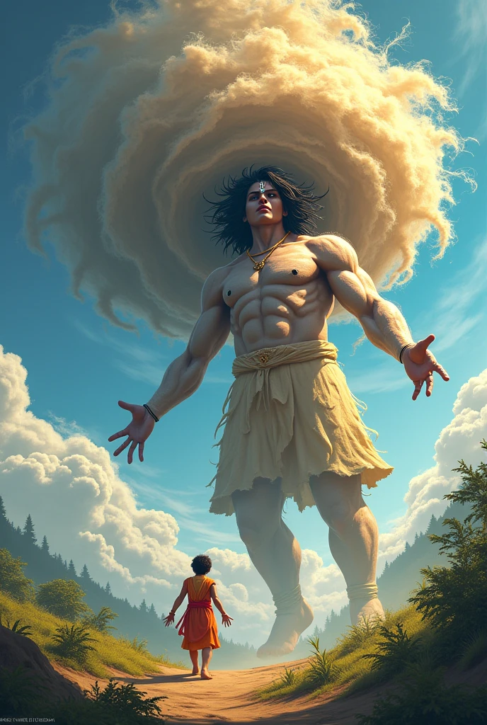 Hanuman is shown flying through the sky, carrying a massive mountain (Himalayan peak) in one hand.