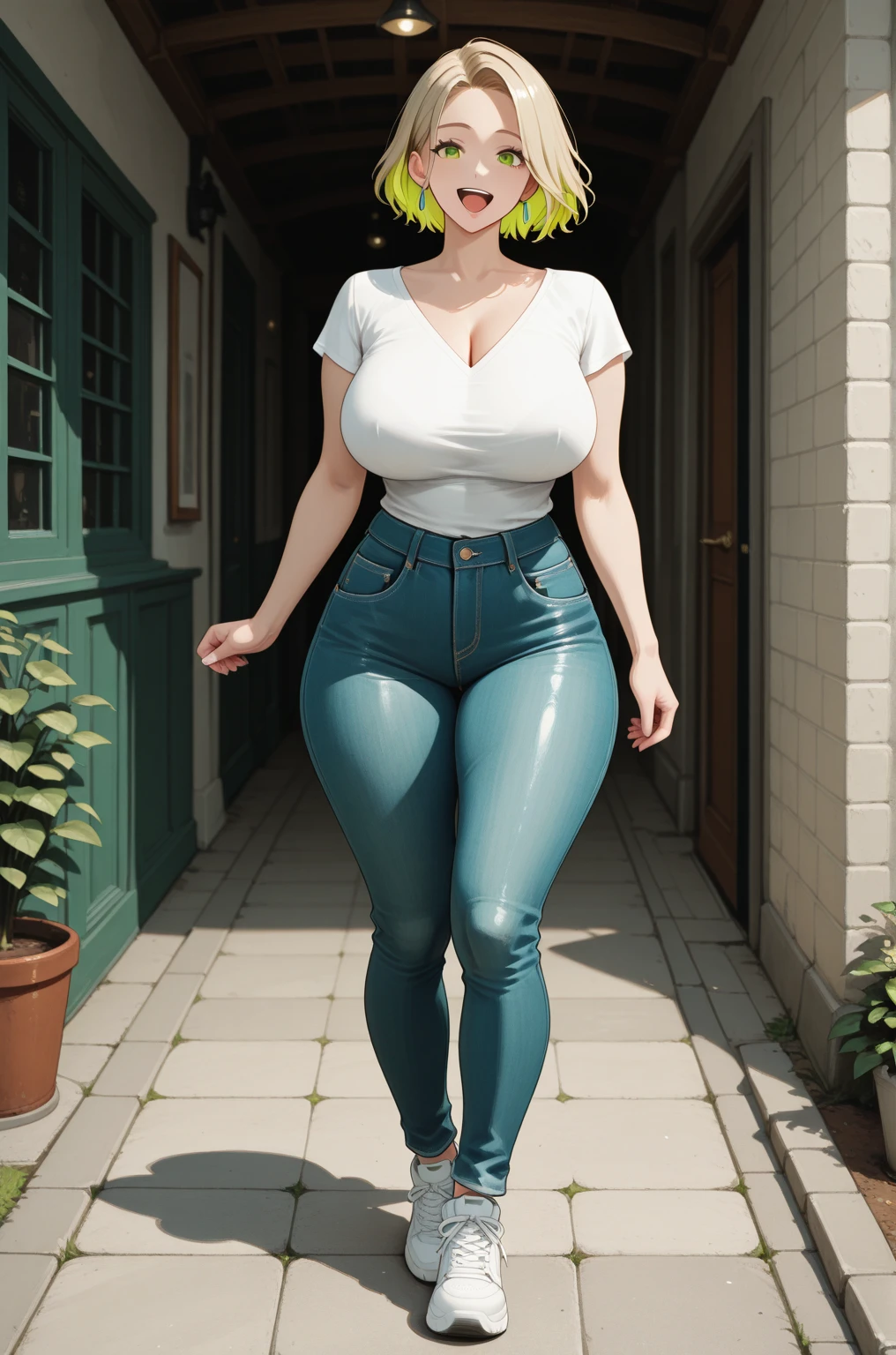 Rebecca Chambers, green t-shirt, high waisted jeans pants, short hair, brown hair, curvilinear waist, curvilinear body, thick thighs, full thighs, juicy female, juicy babe, juicy body, large breasts, cleavage, curvilinear ass, large ass, voluptuous female, milf, mature female, seductive body, master piece, perfect face, full body shot, solo, female focus, huge breasts, cargo pants, military clothing