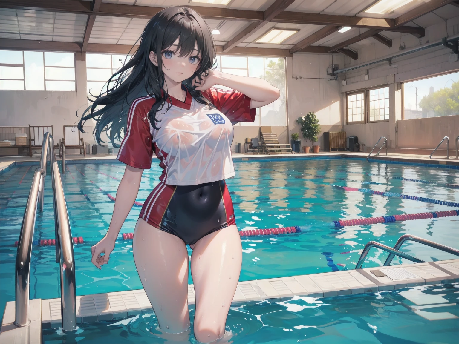 Generate a stunning art style, a true [masterpiece] of art. The image showcases [detailed linework], [dynamic shading], and [dramatic lighting], bringing to life a surreal atmosphere. from side,germanic,black-skinned female,ponytail,perfect face, perfect hands,normal breasts,bigger thighs,japanese uniform,seductive,disinterested,bunny pose,pool