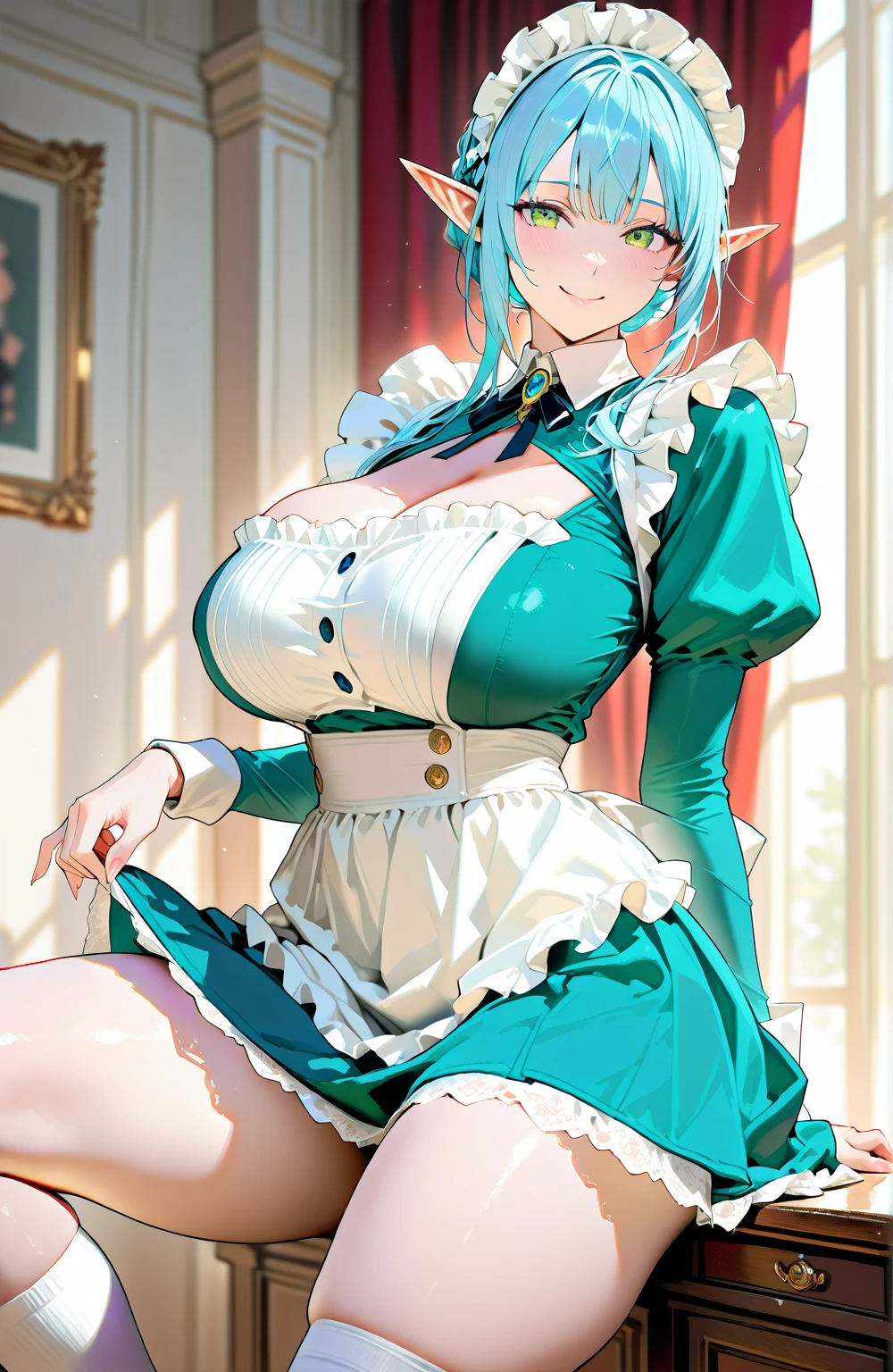 8K、quality、On the table、super high image quality、ultra - detailed、super beautiful、Super realistic hair texture、anime illustration、Super realistic sensuality、FULL-BODY ESBIAN、Charming look、shave 、Off-the-shoulder blue yukata、Beutiful women、blue long hair、pony tails、eBlue eyes、Glossy glossy skin、Very huge、Red lace breasts are super big、Glossy glossy skin 、Clear skin、Japanese style room with daytime background,Green hair,