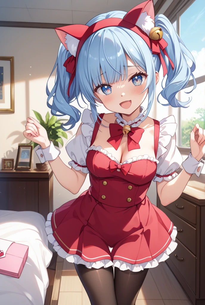 ​masterpiece、top-quality、1girl in、(I'm wearing a mob hat)、Medium hair with blue hair、Red Eyes(Eyes of Hearts) 、red blush、the bow、ascot、wingspan、Bedroom background、Colossal tits、A slender、remilia scarlet、fullnude、Courtship attitude、It is dripping with the mouth open and the tongue sticking out、Face during estrus、beautiful countenance、good breasts、full body seen