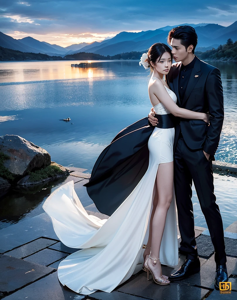 High detail, 8k resolution, super high resolution, a Chinese lady in transparent long white dress dance tango with a man at parklake in the moonlight,