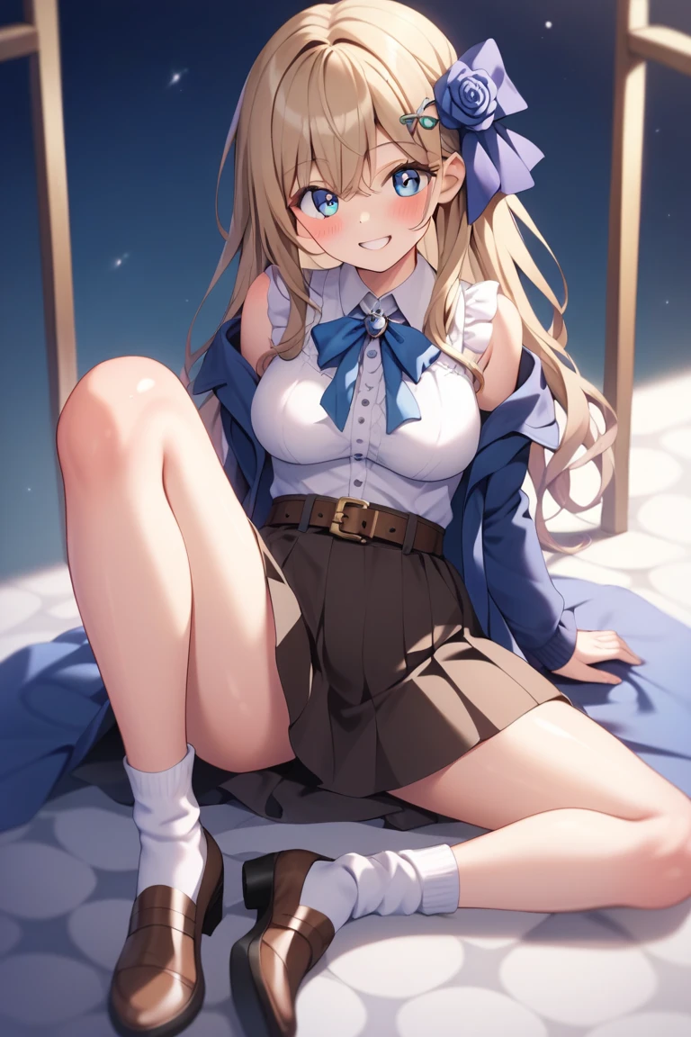 1 Female, cute, alone, School, blonde, Eyes: Dark blue eyes, sexy, (((Sit on the ground, Stand on your knees, Knees closed, Panties White panties))), Camel Toe, (From below:1.2), masterpiece, Fine details, Breathtaking works of art, high quality, 8k, Very detailed, High resolution, Wide night sky, loafers