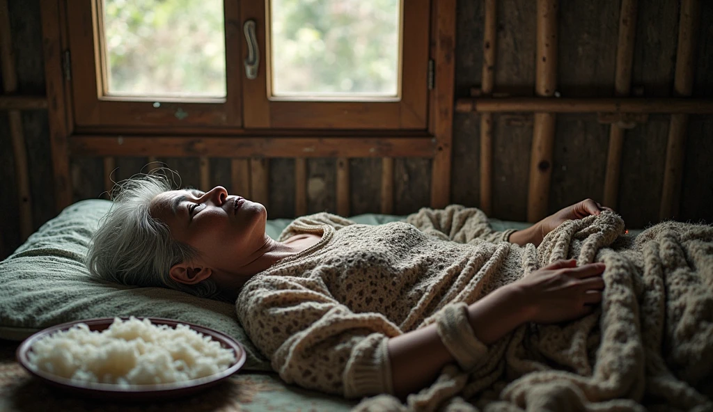 Old woman sleeping in hut