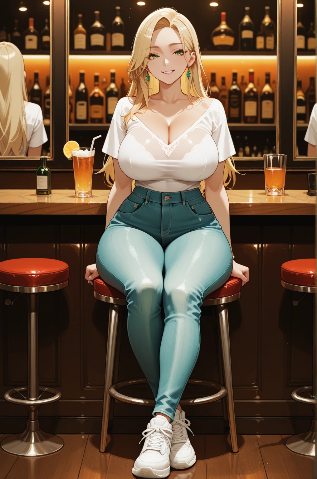 (Cool girls.Well-formed face.Tall.Sunburned skin.A very muscular, thin body.Beautiful six pack abs.Big eyes.Blonde.Boyish hairstyle with a center part.I can see your forehead.Beautiful Blue Eyes.Heavy eye makeup.Dark lipstick.Tight waist.Very large breasts.Very large breastsの谷間.Beautiful pale pink areola.Firm skin).(See-through black tank top.Clothes show through and nipples are visible.Denim shorts.there are a lot of earrings).(pub.Counter seats.sitting on a barrel.My cheeks are dyed red.smile)Perfect Face.Accurate human body.Accurate 5 fingers.High resolution.Full body image