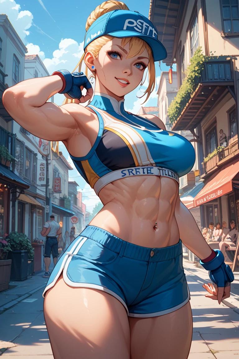 (Muscular:1.9), (thick thighs:1.8),
blonde female, (supergirl:1.2), (big smile:1.7), (blunt bangs), (ponytail:0.8),
earrings, lipstick, eyeshadow,
hard nipples, (small breasts:2),
(blue sleeveless tanktop, midriff, speedo with little skirt:1.9), (small cape:1.3), (choker:1.2), (active pose:1.5),
looking at viewer, three quarter view, (upper body view),
(rooftop, skyline background:1.3), rim lighting, two tone lighting, dim lighting, bokeh, detailed skin, detailed eyes