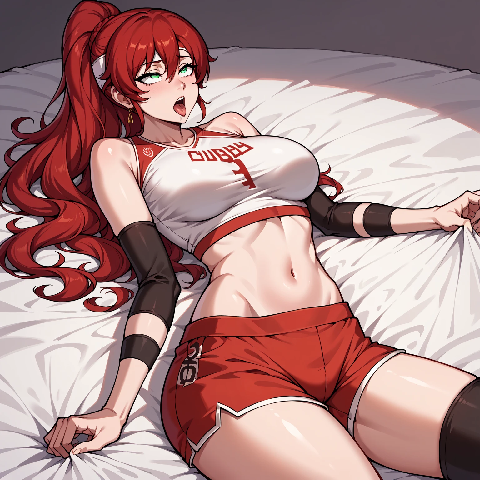 One girl, Yoko Littner, tanned, yellow top, pink panties, lying on the bed, sexy pose, lollipop, glasses, sweating,