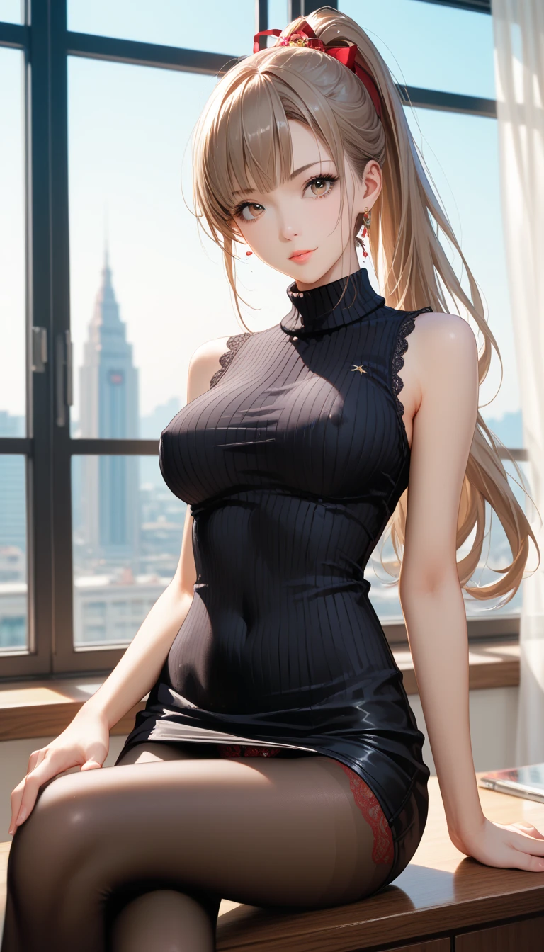 (((UHD)), ((highest quality)), ((masterpiece)), (Very detailed), (High resolution), (Beautiful detailed sparkle), (High detail), (Anatomically correct)), ((Realistic)), 8k, 1080P, 

(((One Woman))), 
(Symmetrical facial features:1.4, Perfect Face), Beautiful clavicle, (Beautiful fingers), (((Beautiful breasts, Slightly smaller chest))), 
Beautiful body, Beautiful thighs, Beautiful feet, Perfect round butt, (((Detailed skin, Textured skin, Beautiful white skin:1.4))), 

(Baby Face, cute, 18-year-old), 
(Expression of fine eyes, Beautiful and delicate eyes, Sparkling eyes, twinkle in the eyes, blue eyes), 
(Beautiful Nose,Thin Nose), 
(Smaller mouth, Glossy Lips, Beautiful Lips, thick lips), 

(Beautiful Hair, Shiny Hair, Shiny Hair), Hair fluttering, (((Blonde, Forehead, Long Hair))), 

((Blue sleeveless high neck sweater dress:1.4)、Black Pantyhose:1.4、High heels)、 Earrings、Silver Necklace、
BREAK 

(Enchanting、smile、Embarrassed expression、Blushing), 
(Character Focus, Upper Body, turn around),  

BREAK 
((noon、Sunlit street corner)), 


