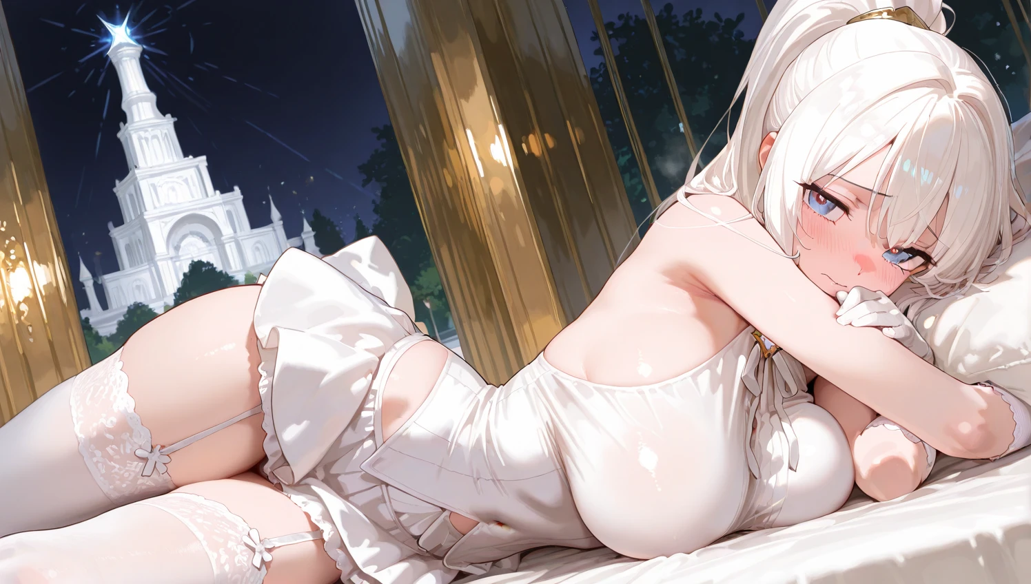 1 girl, Blonde gray hair, Straight hair, Spread hair, Long hair, PUPILS SPARKLING, long eyelashes, Blue eyes, makeup, Smile, Color Field Painting, Contemporary art, Northern Renaissance, Blurred, blending, From below, From Side, the panorama, ultra wide-angle, Wide Angle, F/1.8, 135 mm, canon, nffsw, retinas, masutepiece, Elaborate, Anatomically correct, Skin Texture, Super Detail, high detailing, High quality, hight resolution, 1080p, hard disk, 4K, 8K, of the highest quality, (Translucent off-the-shoulder bright red dress), (Beautiful woman lying on a wide floor), Sexy Pose (Full of stars in the background, Milky Way Galaxy), (Full of stars in the background, Milky Way Galaxy),(Black lace panties)