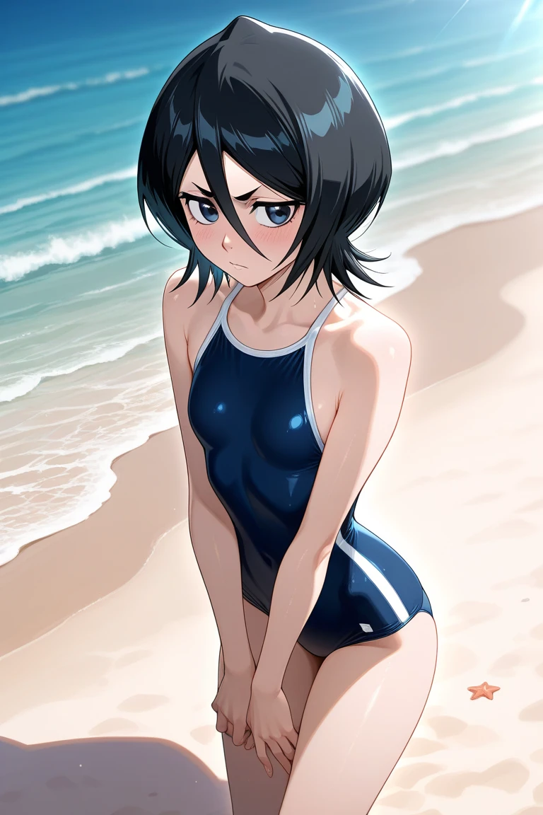 NSFW、In the best quality、Teenage girl standing on a sandy beach。In high resolution、Beautiful details、Quiet atmosphere。Black hair ponytail、Cute Smile.。Small breasts、Cute School Swimsuit。