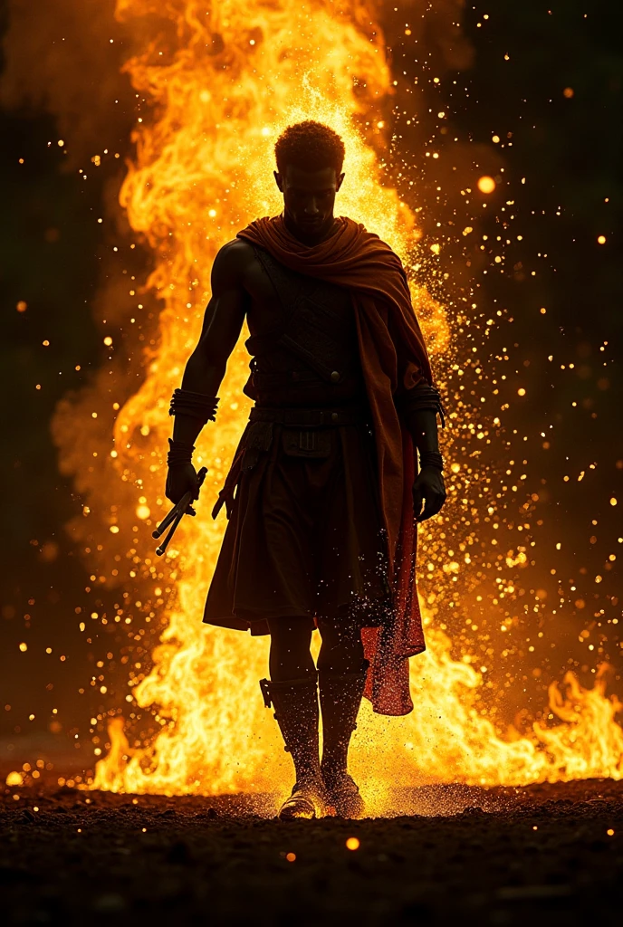 In the middle of a burning Winterfell, under a relentless, snow-covered sky, there is a  Targaryen boy. He is completely bald, with piercing violet eyes that shine with intensity, matching the flames around it. The boy is shirtless, exposed to the biting cold, but apparently indifferent to it. Blood runs from his eyes, blending in with the falling snowflakes, creating a haunting image of pain and power. A strange aura of fire surrounds your body, with flames licking your skin harmlessly, as if he were one with the fire itself—a true son of the dragon. The destruction of Winterfell serves as a dramatic backdrop to the strange and powerful presence of the young Targaryen., with the scene having a medieval and apocalyptic tone.