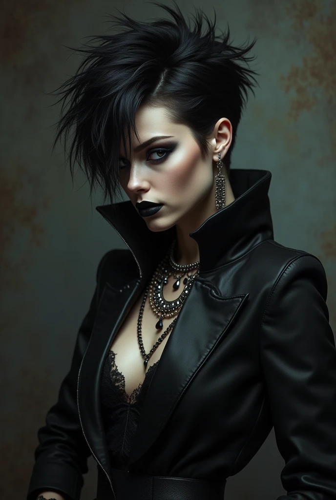 portrait of a gothic chic woman with a bold busty figure. Her style exudes dark glamour with a hint of edge. Piercings and smoky eye makeup enhance her mysterious allure. She wears a tight black leather outfit, embracing her curves. Her expression is confident, with a subtle smile. The image captures her unique blend of gothic beauty and sensuality."