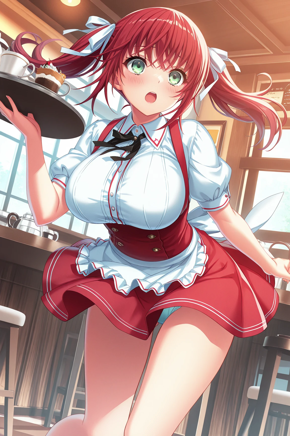 Realistic, masterpiece, Highest quality, (Fine grain), Huge breasts, Sweat, night, Outdoor,Pool, Micro bikini in, Micro bikini with only strings, ponytail, Earrings,  White apron,  Puff short sleeves, Between the breasts, Small tray, Center opening,  bow tie, Pelvic Curtain, (Wide Hips), A shy smile, Embarrassing, (look up), (Whipped cream on chest)