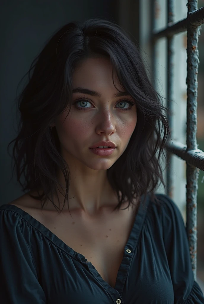A mesmerizing masterpiece capturing a photorealistic portrayal of a woman with black hair cascading around her face. Her piercing blue eyes, subtly blurred yet captivating, draw the viewer's gaze with an intensity reminiscent of "The Matrix." She gazes directly at the viewer, exuding confidence and intrigue. The lighting is expertly crafted, casting beautiful shadows and highlighting her features with professional precision. The background is softly blurred, emphasizing her presence while maintaining a sense of depth. The portrait exudes a sense of realism, with meticulous attention to detail, including the texture of her short hair and the subtle nuances of her parted lips. The image showcases a film grain effect, adding an artistic touch and enhancing the overall atmosphere