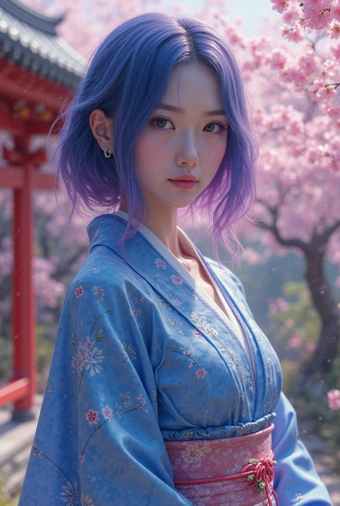 (blue hair:1.4), short hair, realistic green eyes, cobalt hair, long bob hair, tousled hair, shoulder length hair, Full body, woman with white skin and Asian features, 24 year old, big breast. She has a small, elegant nose with a slight upward curve at the tip. Her lips are full and naturally pink, with a well-defined Cupid's bow. Her teeth are straight and white, enhancing her captivating smile. Her face has an oval shape with high cheekbones that add to her model-like appearance. highly detailed glowing eyes, specular light, extreme quality, crystal clear, cute face, detailed skin pores, oil Dark skin, brown, complex eye details, 8K, Best Quality, Face Focus, Soft light, A high resolution, (Photorealistic:1.4), Raw photo,Highlight the valley Japan girls, Cute, (pupils on, Light in the eyes)， Detailed beautiful face, Cute smile，(Pink Kimono:1.3) , Kimono、cherry trees in japan, (full body photo:1.3), (short hair:1.2), cute, (short hair:1.3), (short hair:1)