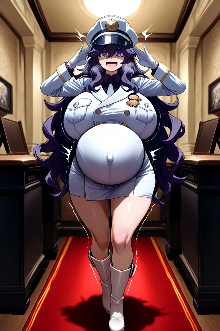 Solo，Black military uniform，female emperor，(gigantic breasts:1.5)，indifferent expression，Long black hair，Black colored eyes，Black pantyhose，Oily pantyhose，No shoes，White skin，sitting on an royal throne，Below the eyelids，Bottom-up view，royal palace interior，Feet on the white carpet