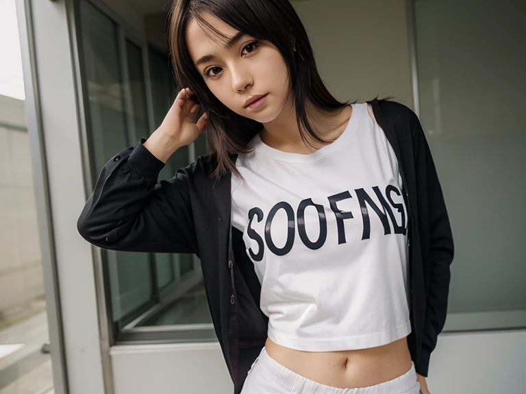 [[((young attractive Singaporean woman with strong Chinese Asian influence, a brown tanned complexion, long straight dark black hair, striking almond-shaped dark brown eyes, and a  frame:1.6)), ((Sophie Tan:1.5)), posing confidently on a staircase in a stylish Y2K fashion outfit. She is wearing ((a pink oversized sweater with floral designs, white shorts, and white platform sneakers with purple socks:1.4)). Her hair is styled in loose waves. The background features a modern indoor staircase with natural lighting. The scene is captured with a ((full-frame DSLR:1.4)) using a ((50mm prime lens:1.4)) to keep Sophie in sharp focus while the background is slightly blurred. Professional lighting enhances her natural features and the vibrant colors of her outfit. The image should be in ((8K resolution:1.5)) with ((hyper-realistic detail:1.6)). The focus is entirely on Sophie’s trendy Y2K outfit, her confident pose, and her stylish hairstyle, capturing her essence perfectly for an Instagram photo.]]
