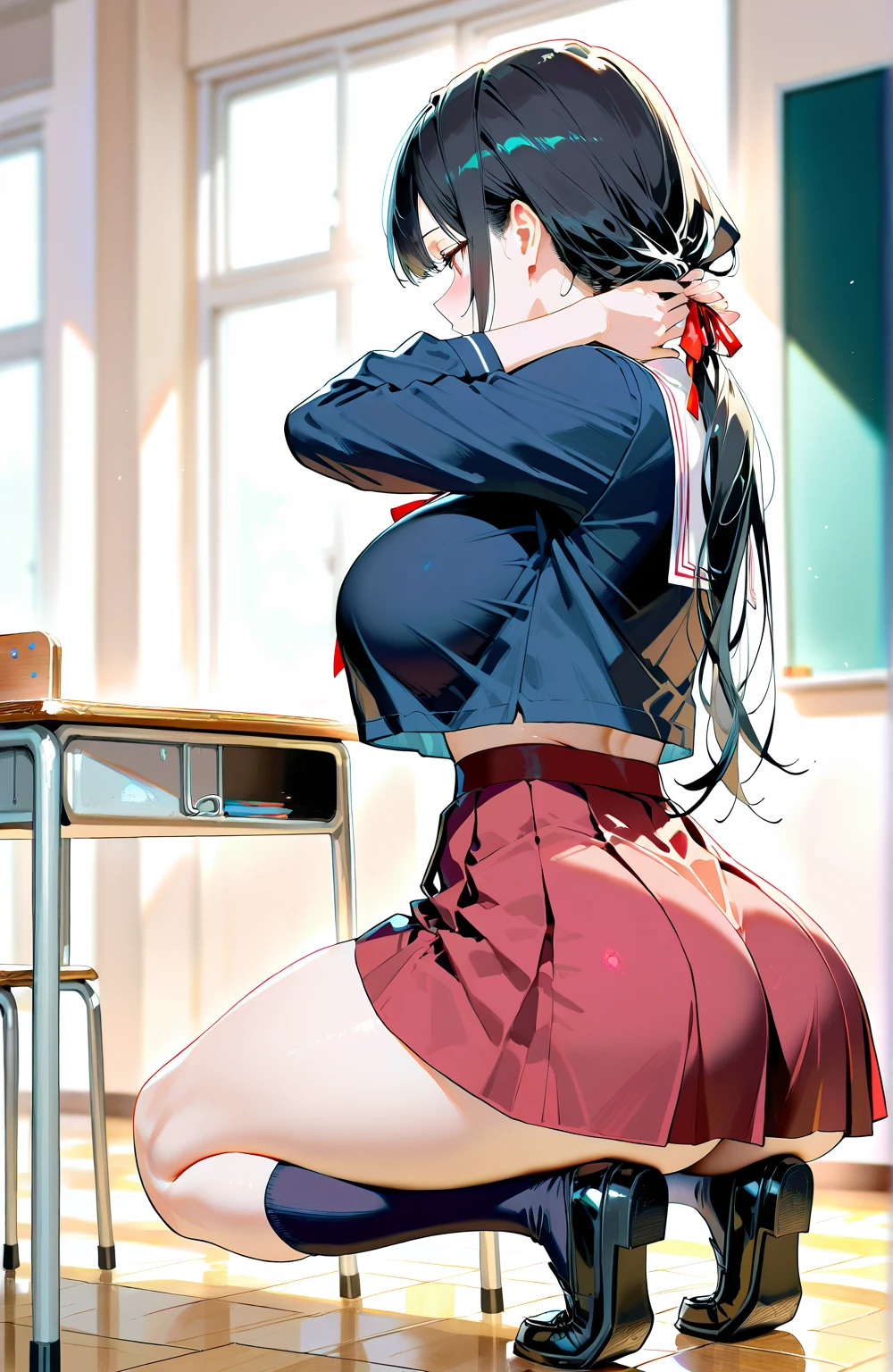 (Anime Moe Style)),((Game CG)),(masterpiece),(highest quality), (Very detailed),shape,((Very delicate and beautiful)), Embarrassed look,,front,Looking at the audience,(((3 people)),((whole body)),Detailed face and eyes,Jewel-like eyes,(Long Hair),,,(Super huge breasts,Long and slightly saggy breasts,Beautiful nipples,Nipples are fully visible)((The clothes are translucent))Very big attractive ass Black hair with black eyes Lady Sailor suit Super Mini Skirt Black knee socks(Translucent and glossy) Voluptuous body classroom