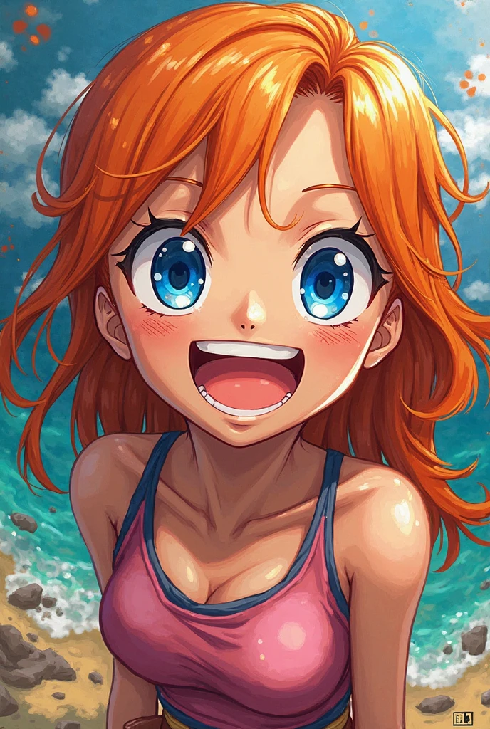 a cartoon picture of a woman in a bikini top and jeans, nami one piece, nami from one piece, nami, beautiful portrait of nami, from one piece, oppai, blue eyes, smoking, ponytail, nsfw