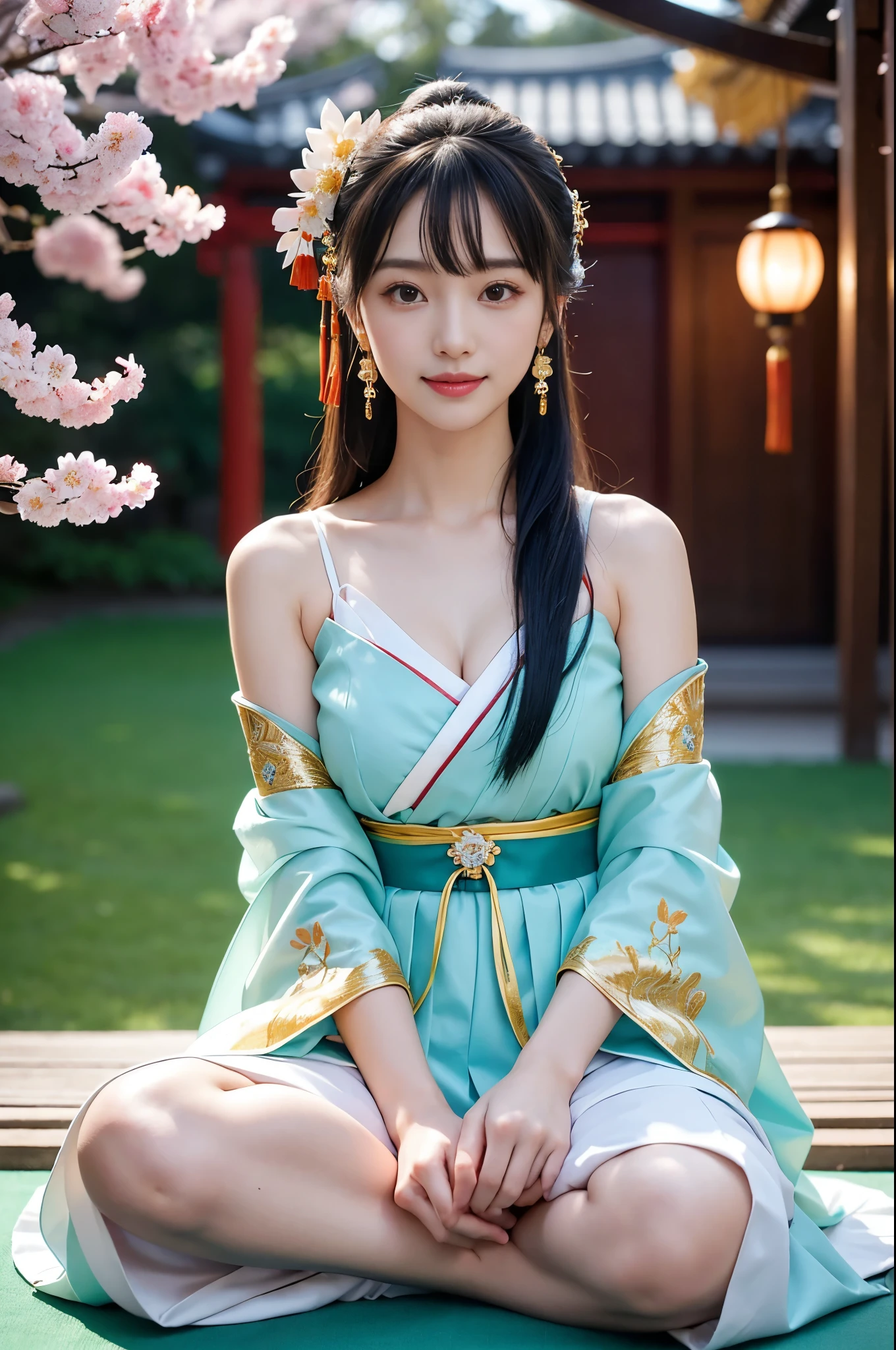 Fifteen-year-old girl sitting on the porch watching the audience，There were flowers and windows, Moe art style, Delicate ancient girl, A princess dressed in Han costume, Cute girl, Young ancient girl, Cute girl,Barefoot，Long white legs，big assa，Watery eyes，Bigchest，Shy，Be red in the face，ssmile，Realistic portraits，professional photoshooting（1.0），with no underpants，Detailed skins，Smooth floor，Chinese Ancient Architecture，Realistic facial features，shadowing（1.5），Natural soft light（1.4），超高分辨率，realisticlying（1.6），（Masterpiece，A picture）