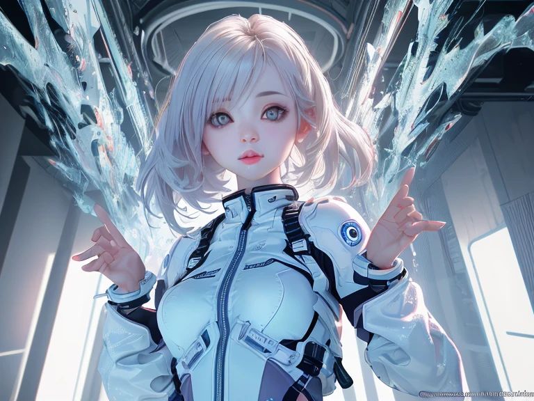 (Strong blur on background:1.8), a girl, space station vore station, card game illustration, white floor, she is floating in the air, her hair is silver, an escape room in a small, girl wearing robotic suit, anime. soft lighting, android, official character illustration, realistic, in detail, cup in the air, brown water in the air, internal, indoor,