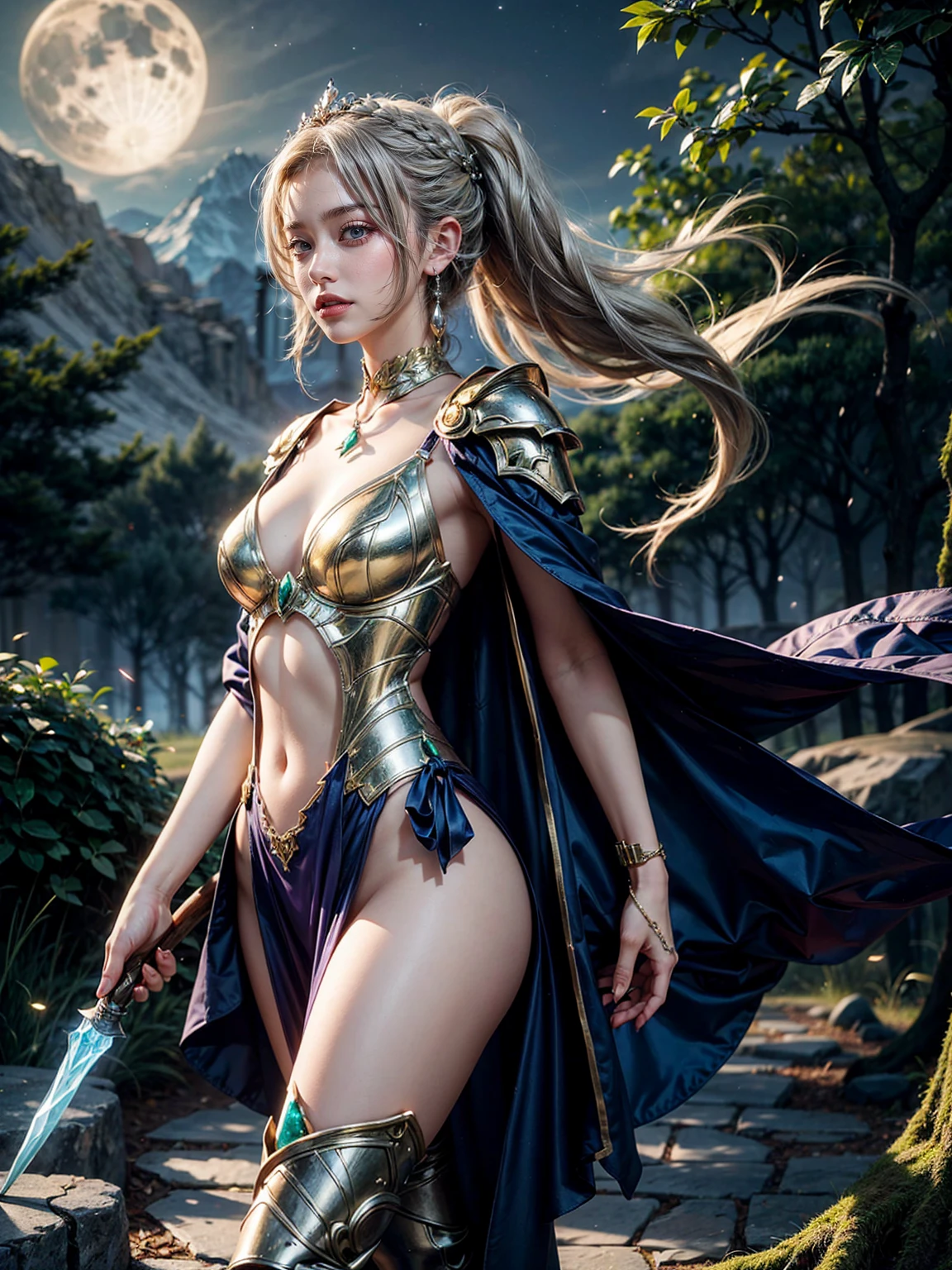 (((masterpiece, best quality))), (((high quality))), (((high resolution illustration))), (((hyper detail))),NSFW, (((Wordsworth's Sharon))),(((Very beautiful long blonde hair))), (((Very beautiful face))), (((very beautiful blue eyes))),(((kindly smiling, shy expression))),(((her face is flushed))),(((slim body))),(((slim thighs))),(((small breasts))),(((very beautiful slender legs))),(((Armor with extremely detailed and intricate decoration))),(((A skirt with extremely detailed and intricate decoration))),(((Boots with extremely detailed and intricate decoration))),(((beautiful earrings))),((a beautiful hair ornament))),((A cloak with very detailed and intricate decoration))),(((She is standing on a beautiful grassland late at night))),(((She is crying with a painful expression on her face))),((embarrassed)), (empty eyes),(erotic cry:1.2), tears, (rolling eyes),looking up, (wide-open eyes),(((running)),(((has a huge weapon))),