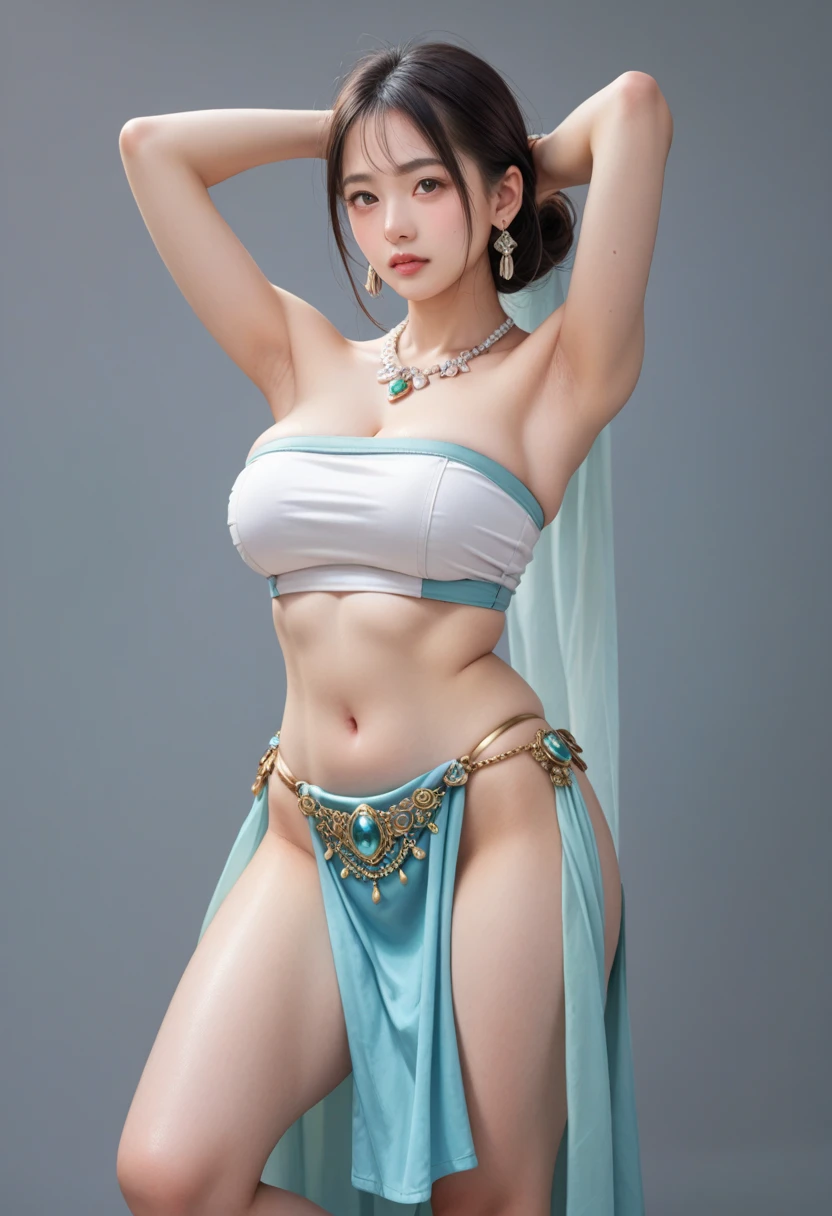 Top Quality, Masterpiece, Ultra High Resolution, (Photorealistic: 1.4) 1girl, beautiful_face, Detailed Skin, Full Body, Jewelry, Solo, Royal Palace, Queen, Earrings, (Tue: 1.3), Blurry, Realistic, Lips, Dunhuang Style, (Zentangle: 1.2), (Flower: 1.4), Big Breasts, Navel Revealing, Nude, Ahe Face, Painful Expression, Pleasant, Big, armpits, M-shaped legs, open legs, camel toes, barefoot, barefoot, barefoot, top quality, masterpiece, highly detailed detail, high resolution, 8k, complex detail, realistic, photorealistic, dramatic lighting, partially hidden by 1girl, dunhuang_clothes, dunhuang_dress, clothing, (see-through: 1.3), through a thin veil, A glimpse of the breast, creating an attractive and suggestive effect, giving you a glimpse of the contours of her skin and breasts