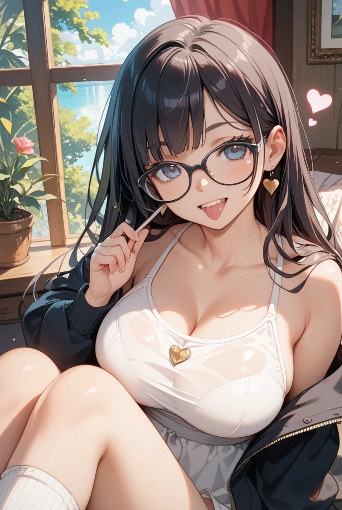 ((1 lady))、Ultra-detailed, digitial illustration, Sharp Focus, Smooth texture、ultra resolution、Seductive Anime Girl, glossy realistic skin texture、shiny skin、Meticulously drawn hair, Meticulously drawn eye, (((dark room:1.4)))、((wariza:1.3, on the bed:1.2))、((huge breasts:1.6))、((minmum bikini:1.3))、((cleavage:1.5))、((sleeveless))、((from above:1.5))、((looking up at viewer:1.6))、((Raise chin:1.3))、((eyewear:1.2))、((Shyness:1.5))、((thick lips))、((Open mouth:1.6))、((face focus:1.3))、((collarbone))、precise human body structure