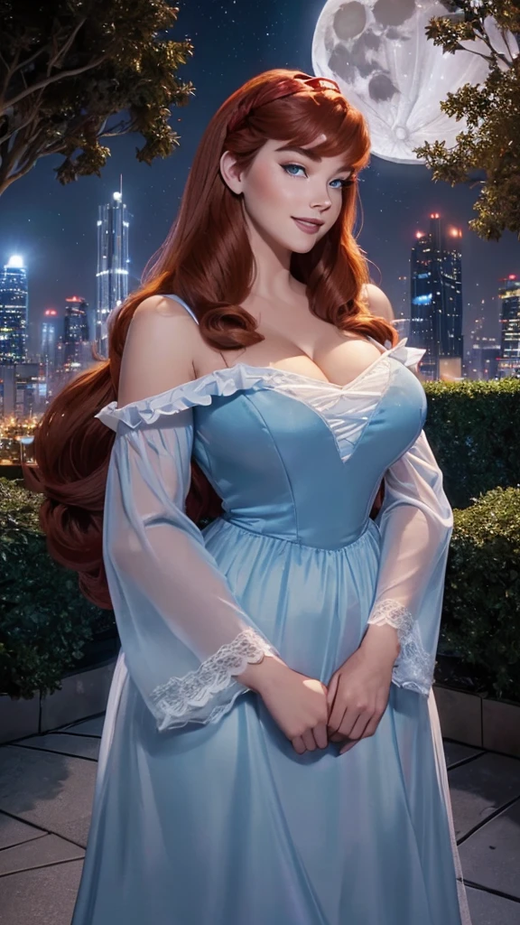 DisneyAurora 27 years old, full body shot, Beautiful woman (((shoulder length wavy auburn hair))) (bangs:1.2) (sparkling pale blue dress, long skirt) (purple eyes) defined body, Red lipstick, smiling, hands free, standing, (huge_breasts:1.2) , penthouse garden city night, (curvy:1.2)
