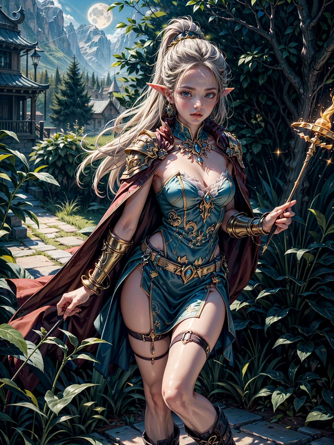 (masterpiece, top quality, best quality, official art, beautiful and aesthetic:1.2), (1 (((sexy))) elf girl:1.3), extremely detailed,colorful,highest detailed, (((sexy pose))), (elven city background:1.5), (traditional dress:1.2), (shiny skin), (many colors:1.4), cowboy shot.