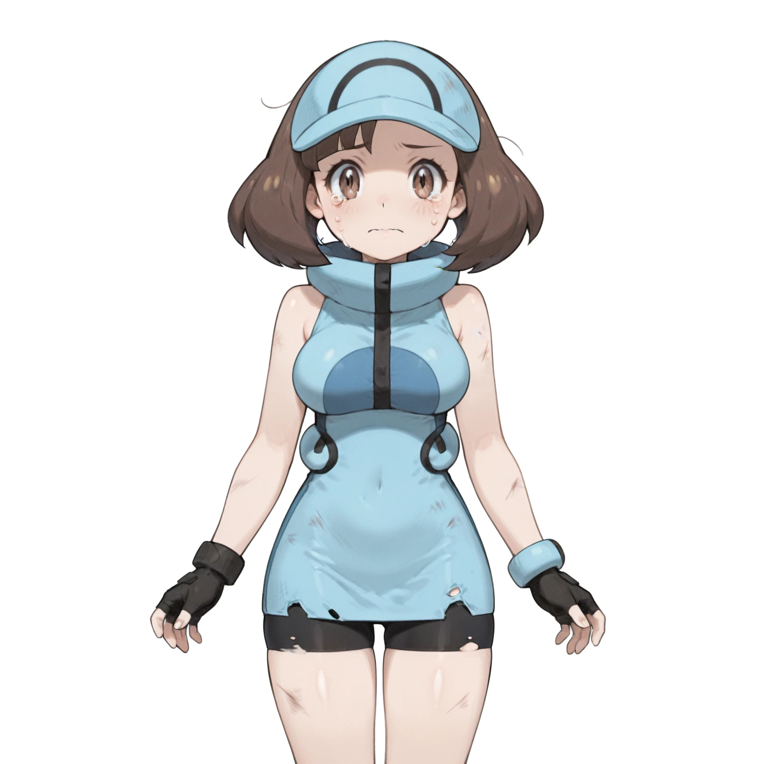 masterpiece, best quality, looking at viewer, facing viewer, nice hands, perfect hands, <lora:GoodHands-vanilla:1>, (night:1.3), low key, <lora:LowRA:0.7>, excited, happy, joyful, (blush), smile, <lora:PokemonV2:0.7>, generation 7, street, <lora:SMAce:0.7>, SMAce, 1girl, solo, breasts, bangs, gloves, dress, boots, shoes, shorts, teeth, sleeveless, black gloves, fingerless gloves, sleeveless dress, blue dress, upper teeth only, black shorts, white footwear, bike shorts, blue headwear, blue footwear, visor cap, zipper pull tab, shorts under dress