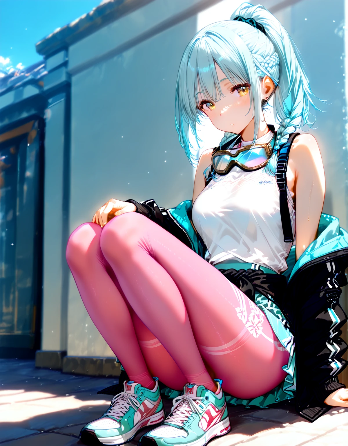 1girl, arm tattoo, blush, breasts, dress looking at viewer, thigh highs socks, panties,cyan dress, shoes, cyberpunk hair, shoulder tattoo, small breasts, smile, sneakers, solo, spread legs,wet, tattoo, underwear, panties