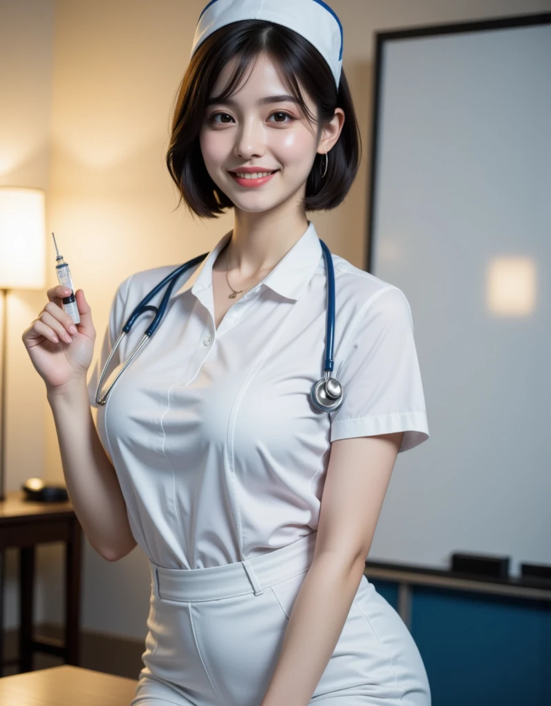 (masterpiece:1.3)、(Highest quality:1.3)、(8K:1.3)、(Very detailed:1.3)、(Realistic:1.3)、Realistic、View your viewers、Black Hair、Simple Background、(smile)、Big Breasts、whole body、Nurse uniform with buttons and collar、Nurse cap、See-through and sleeveless、Glasses、Erect nipples、Plain face、Short Hair、Lie on your back on the bed、Open your legs wide to the sides