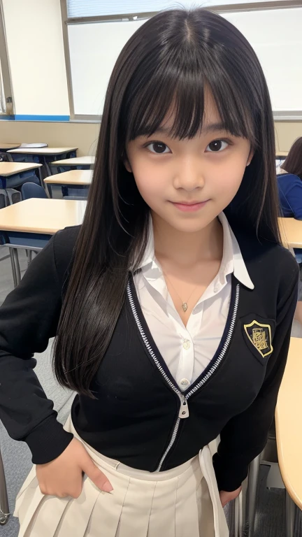 Best-quality, Masterpiece, Ultra-High-Resolution, (Photorealistic:1.4), Raw-Photo, 1girl, 18-years-old, the most famous Japanese idol, at classroom, sitting on classroom's chair, wearing high-school uniform and extremely childish underwear, ((extremely cute face like the most popular Japanese idol, ((extremely cute and extremely big black-eyes)), extremely beautiful hair, extremely cute lips, extremely beautiful skins)), innocent-smile, detailed classroom, detailed classroom's-chair, detailed extremely-childish-underwear